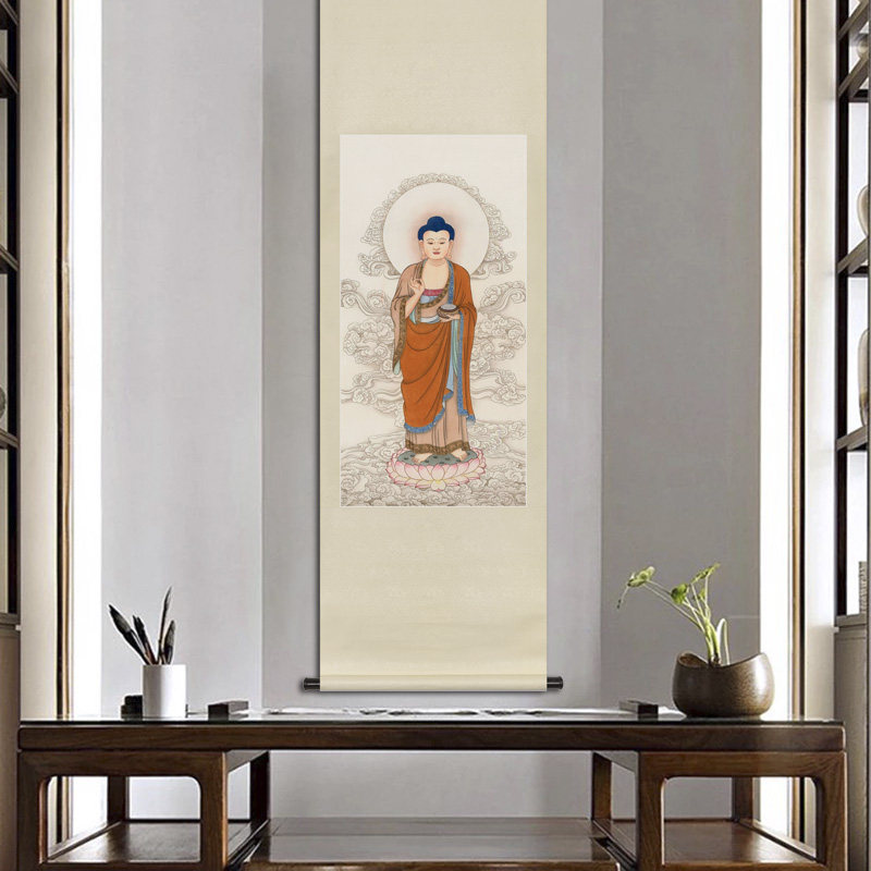 工笔东方三圣药师琉璃光如来日光月光菩萨画像佛堂道场供奉卷轴画