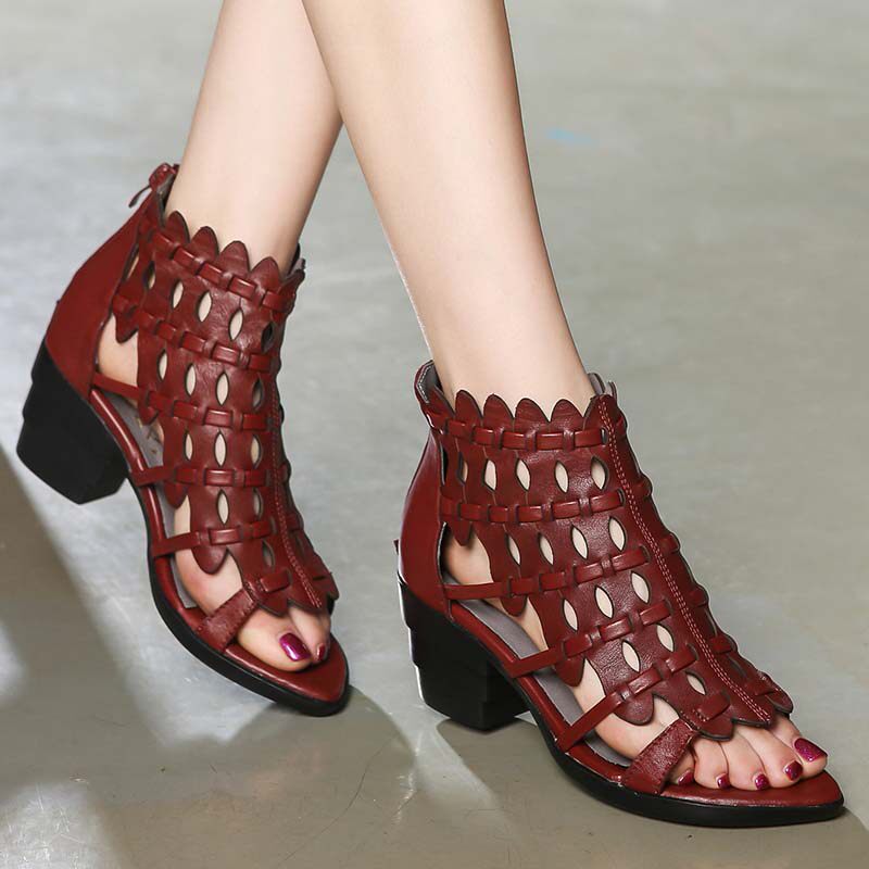 民族风复古女鞋夏季女士凉鞋真皮镂空洞洞鞋高时装凉鞋