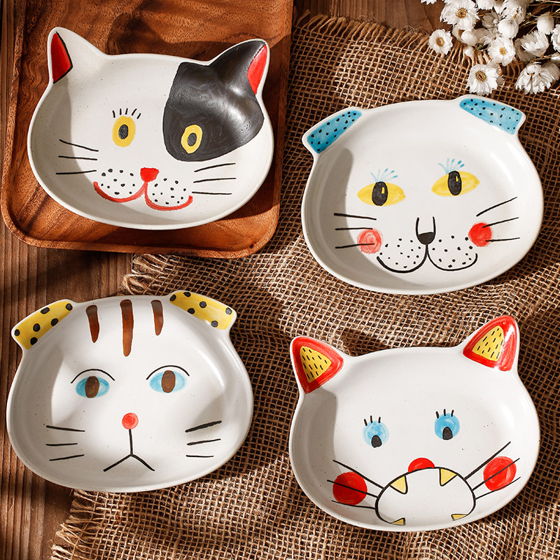 原来创意个性粗陶猫咪手绘水果点心盘子家用蛋糕盘
