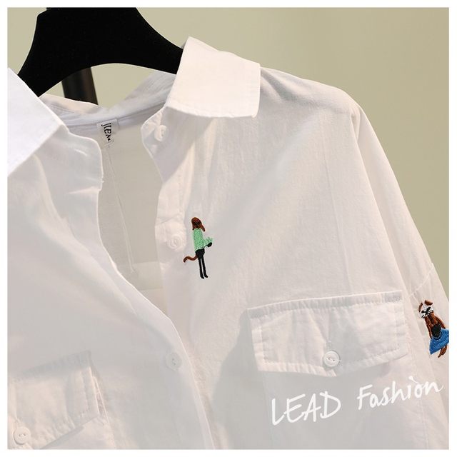 Embroidery cartoon cotton and linen white shirt female 2020 autumn new Han Fan literary loose casual shirt upper clothes tide Embroidery cartoon cotton and linen white shirt female 2020 autumn new Han Fan literary loose casual shirt upper clothes tide