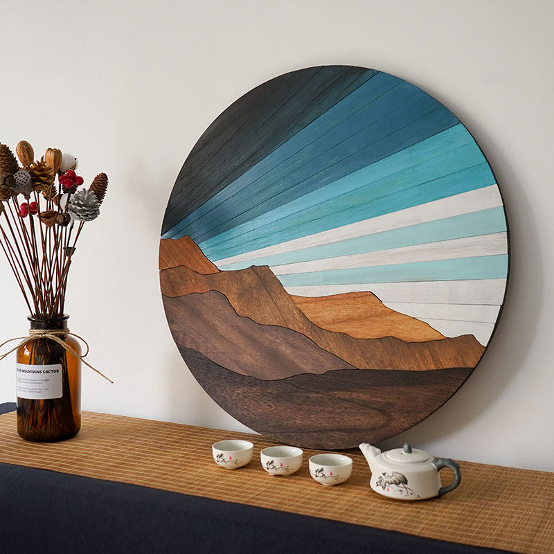 新中式艺术挂画油画茶室玄关手工实物圆形木头油画