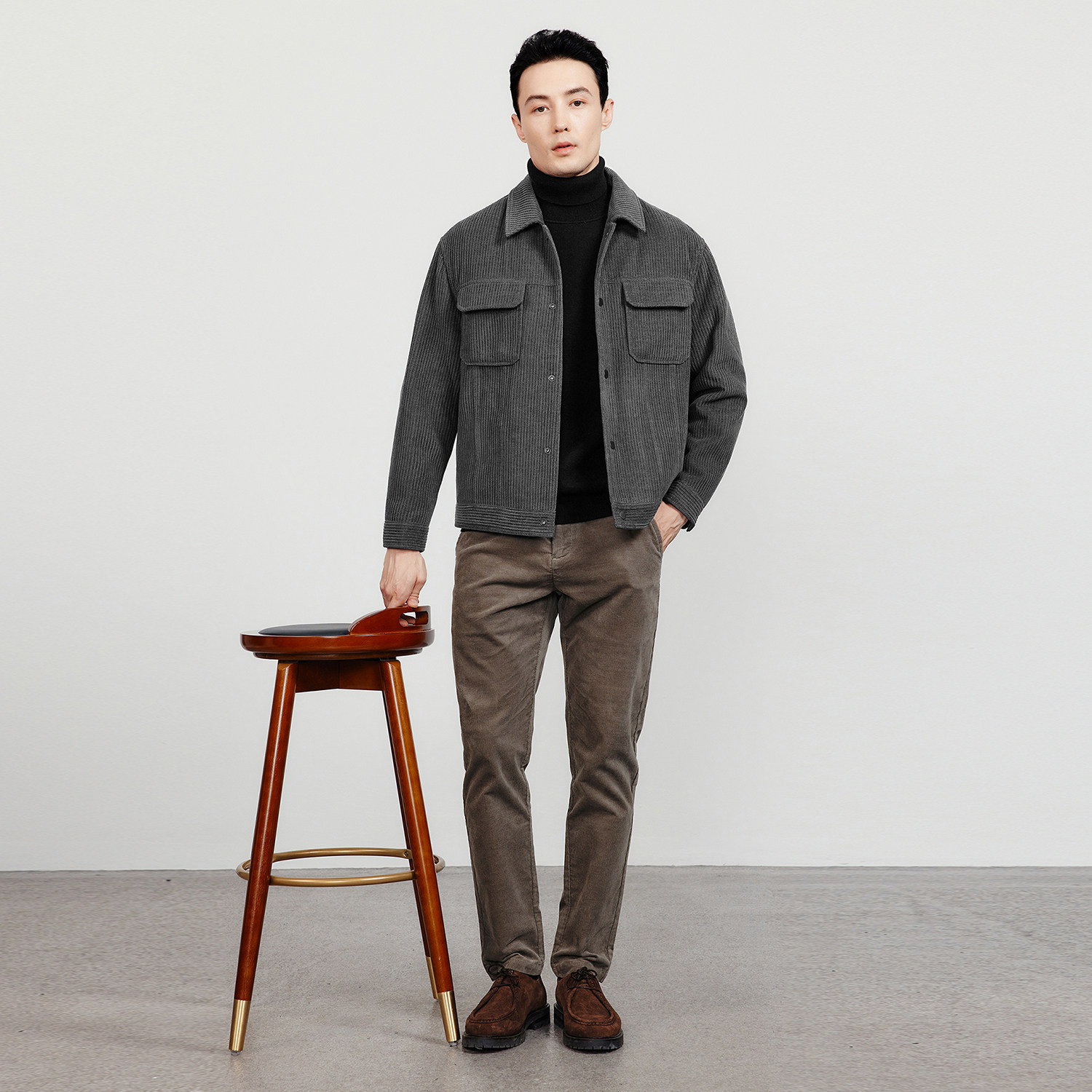 酷衣购新品棉绒针织纹理面料夹克男士秋季翻领夹克