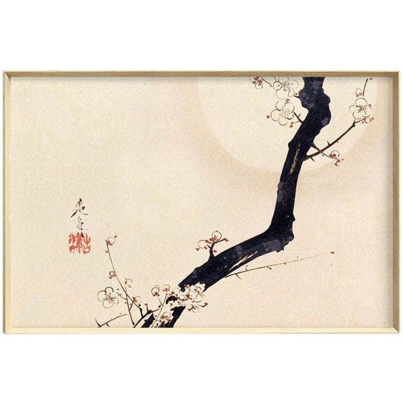 日式和风禅意装饰画梅花花枝鸟山水清新原木风简约现代装饰画