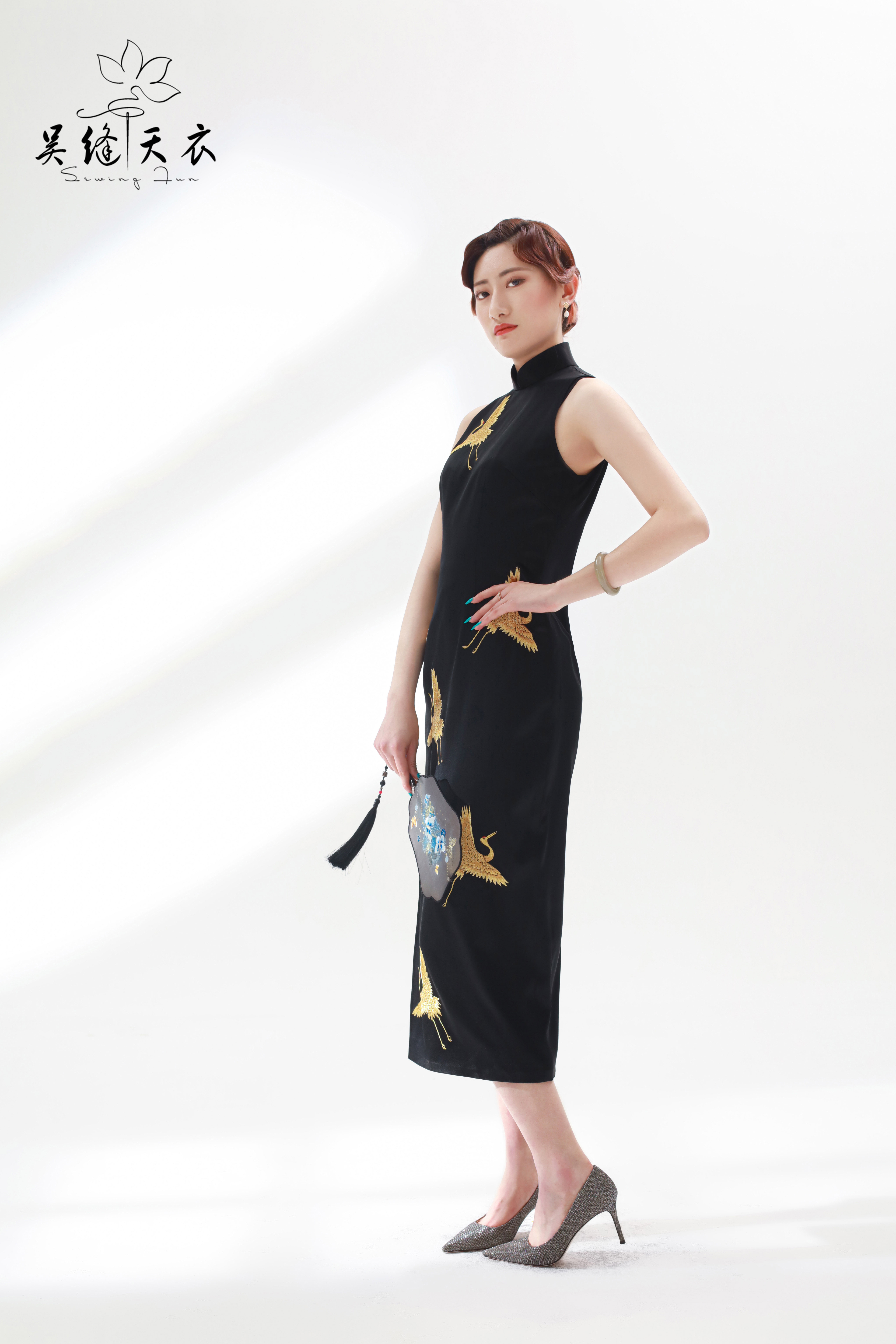 晴鹤吴缝天衣原创新中式桑蚕蚕丝苏绣旗袍宴会旗袍