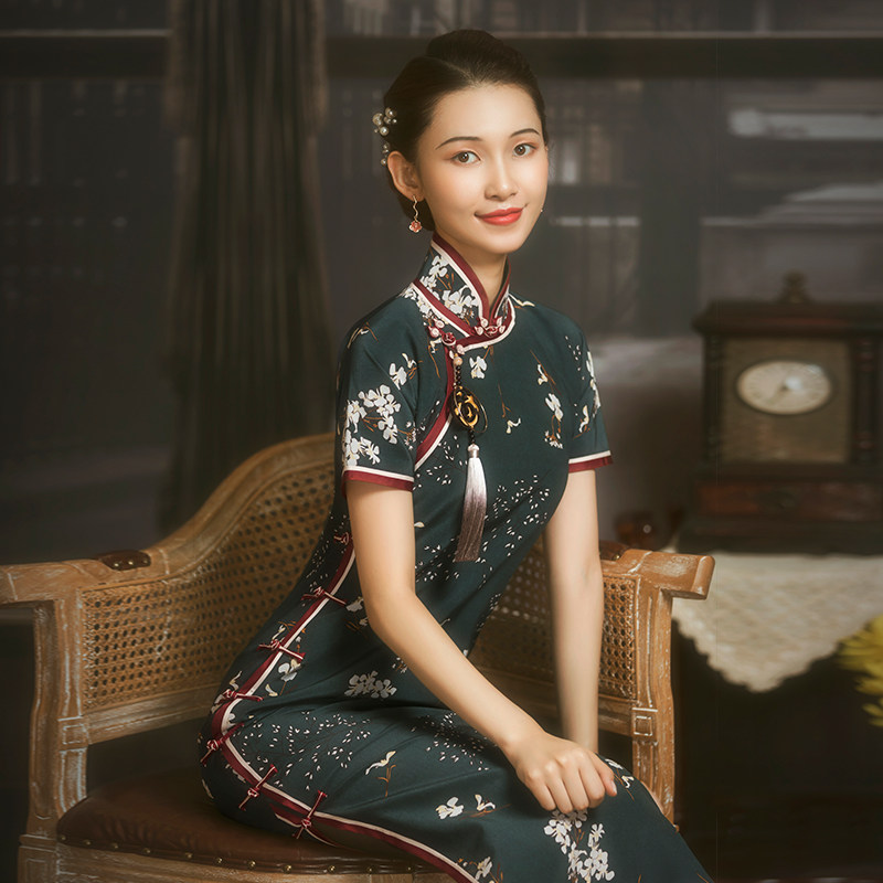 旗袍红馆真丝双绉桑蚕蚕丝短袖2020年春季新款旗袍