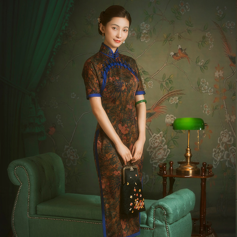 旗袍红馆香云真丝复古民国国老上海传统长款旗袍