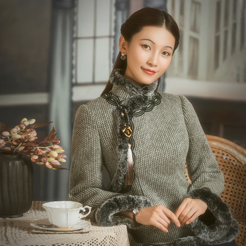 红馆旗袍中式复古女装冬装斜襟盘扣上上衣女羊上衣