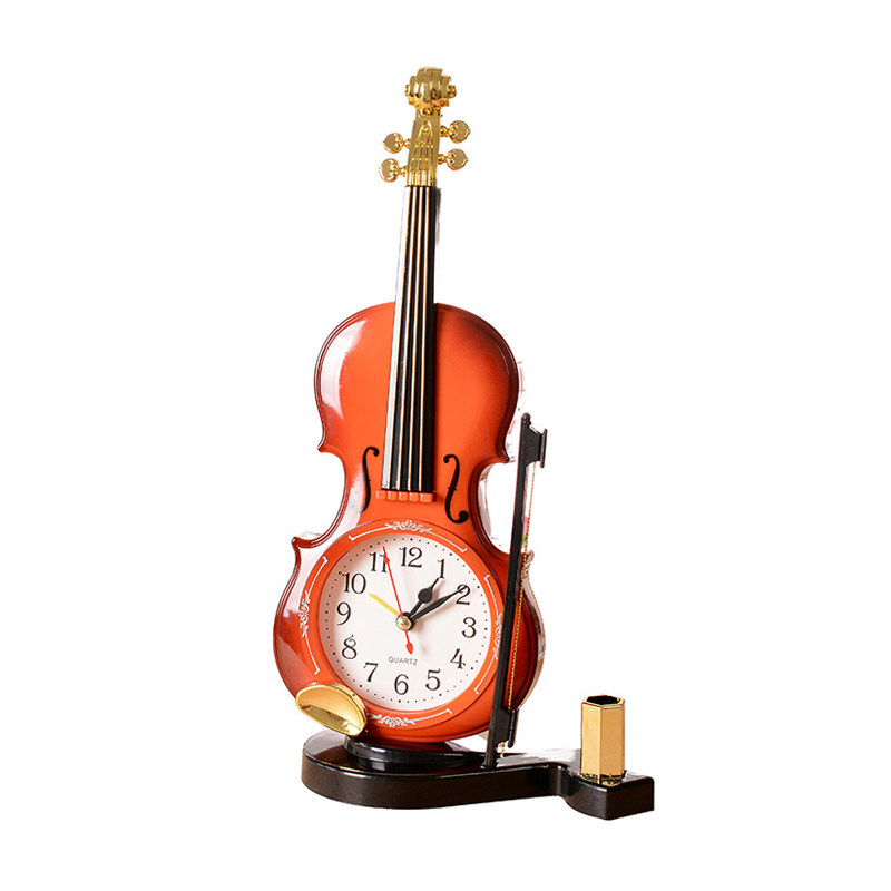欧式古典乐器小提琴时钟钟表创意手提提琴笔筒台钟