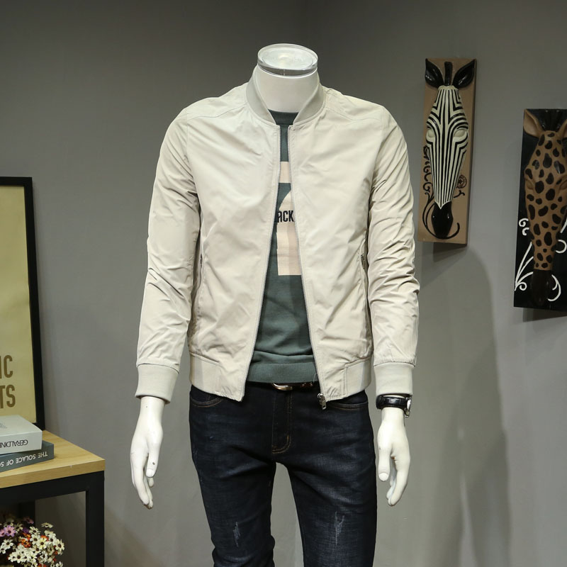 立领布夹克男装2021春秋新品短款百搭时尚修身韩版休闲纯色外套潮