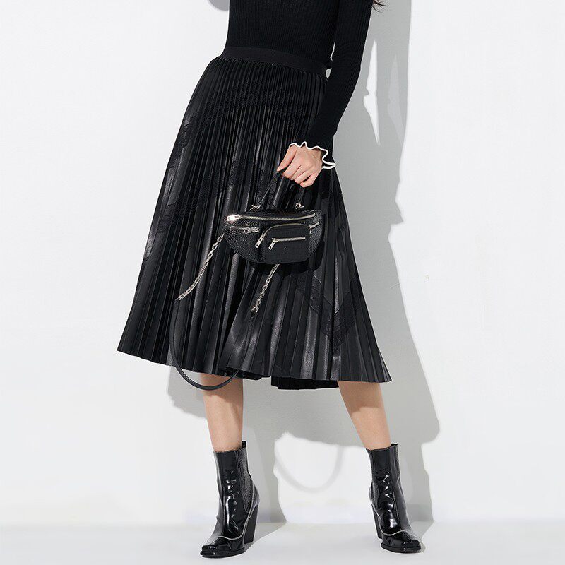 曼娅奴皮裙女中长2020秋装新款时尚高腰半身百褶裙半身裙