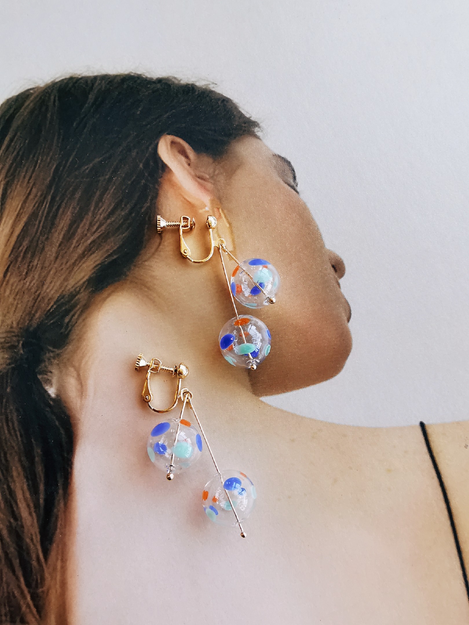 原创设计彩色玻璃耳环ins透明气泡水晶球银耳耳环