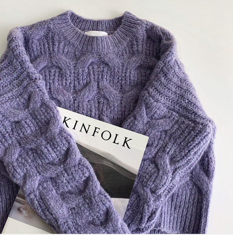 chic 韩国官网正品代购uptownholic洋气紫色麻花纹保暖毛衣针织衫