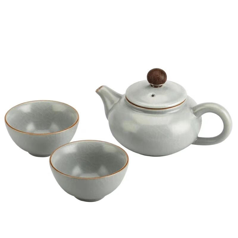 台湾丰子汝窑简约茶壶茶杯家用陶瓷整套福贵三入组一壶二杯套装