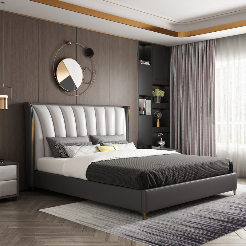 现代简约轻奢奢风皮床北欧网红双人真皮港式意式皮艺床