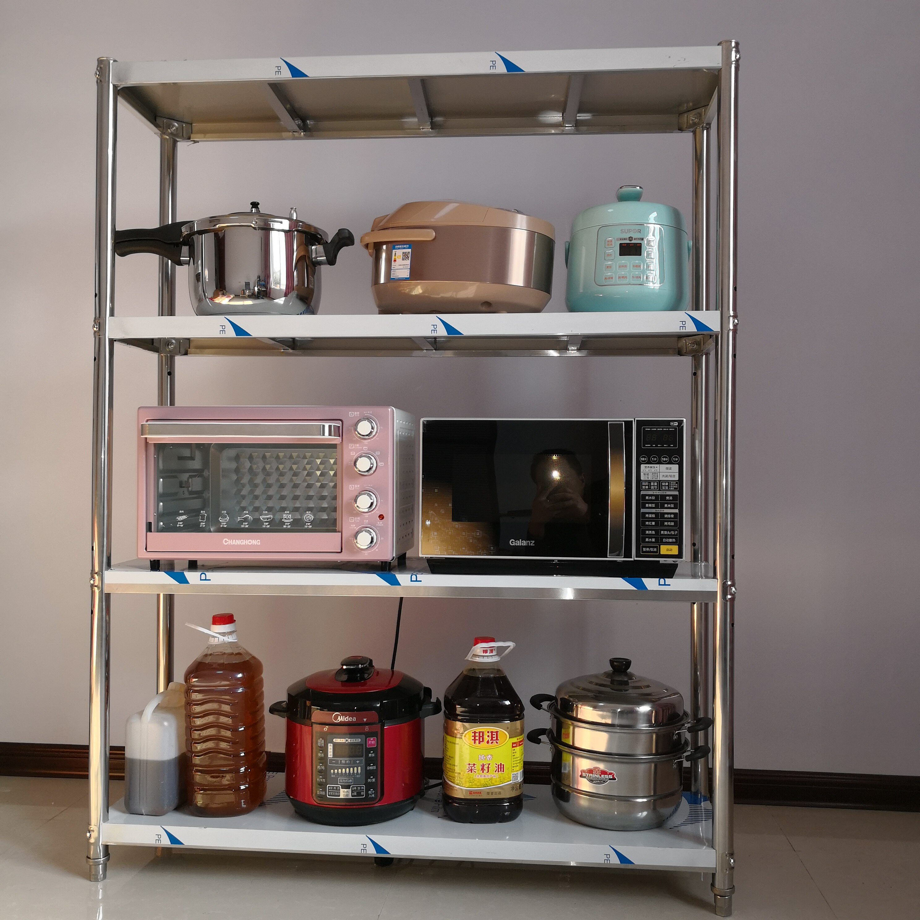 厨房四层不锈钢收纳整理微波炉烤箱物架落地型打孔置物架整理架