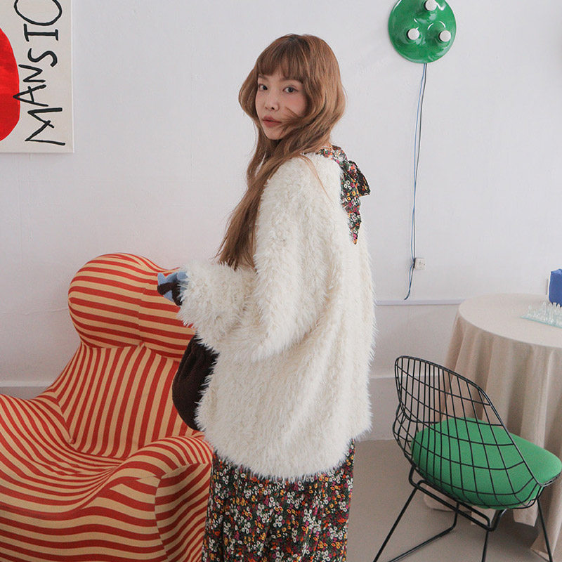 韩国stylenanda官网正品代购深v领纯色毛绒绒宽松针织衫女冬厚款