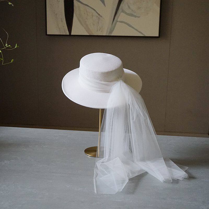 法式赫本羊毛毛呢白色头纱宽檐平顶复古帽子帽子