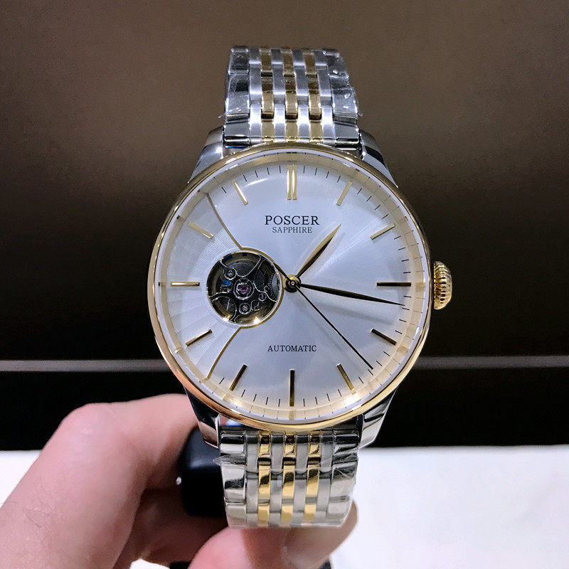 宝时捷男式手表钢带镂空简约时尚正品机械表间金国产腕表