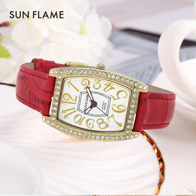 手表日本进口sunflame女士镶钻酒桶桶形小方日韩腕表