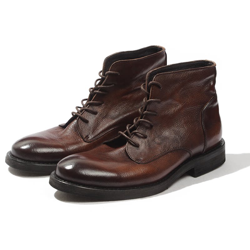 欧美男士复古真皮休闲短靴潮流扁头系带软底透气牛皮鞋牛仔靴子 - gds