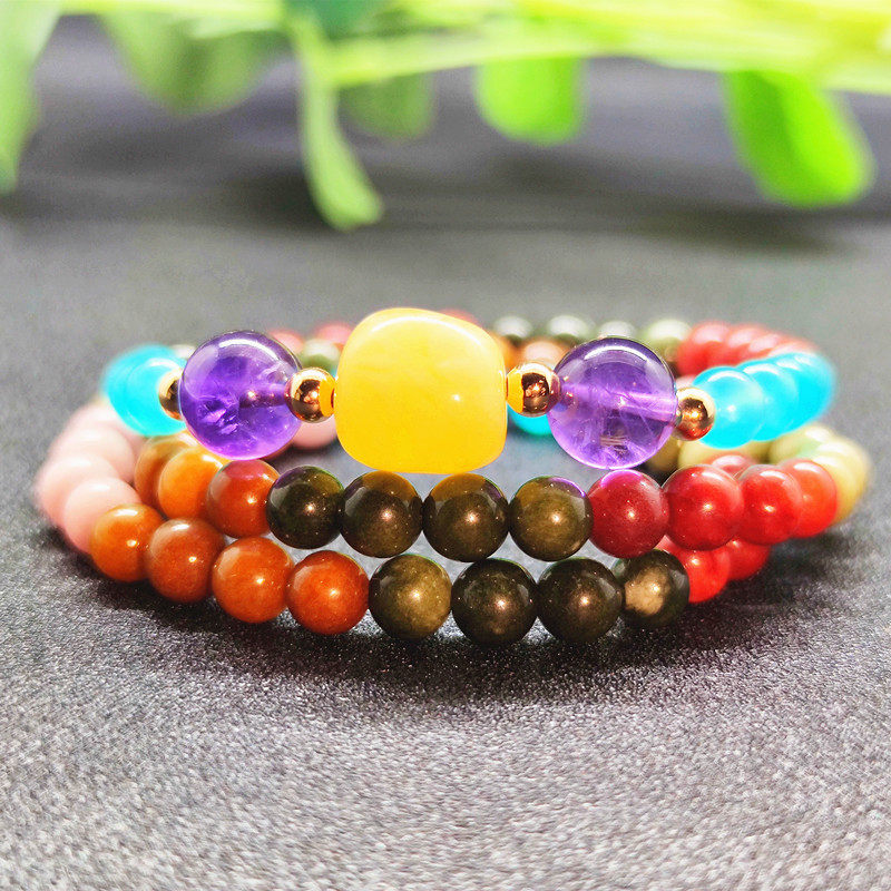 天然阿拉善玛瑙手链3圈七彩沙漠戈壁玉手多宝手链