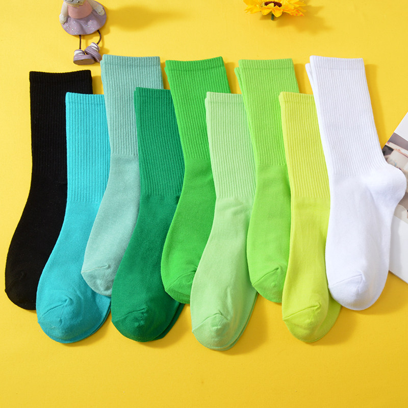 绿色袜子女中筒秋冬外穿ins荧光纯棉冬季纯色中筒袜