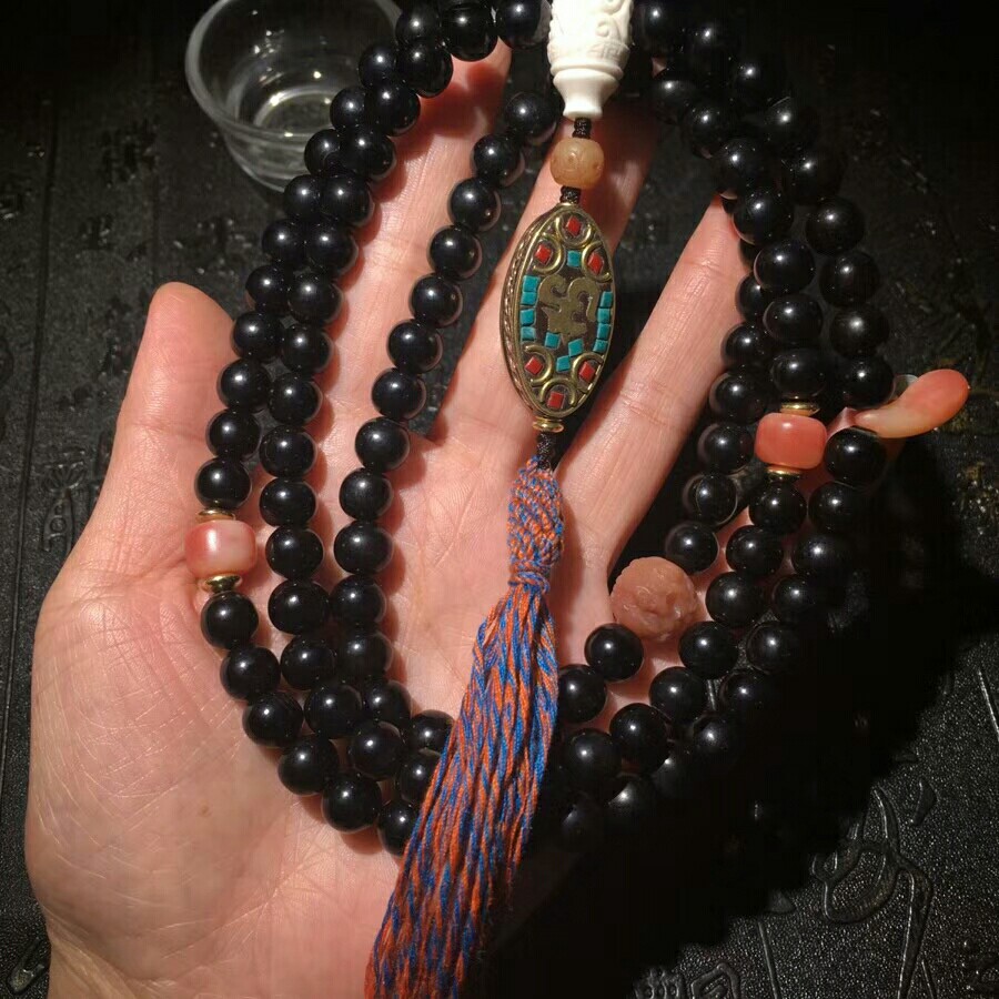 正宗西藏羊角佛珠手链项链全黑角质文玩108颗手链