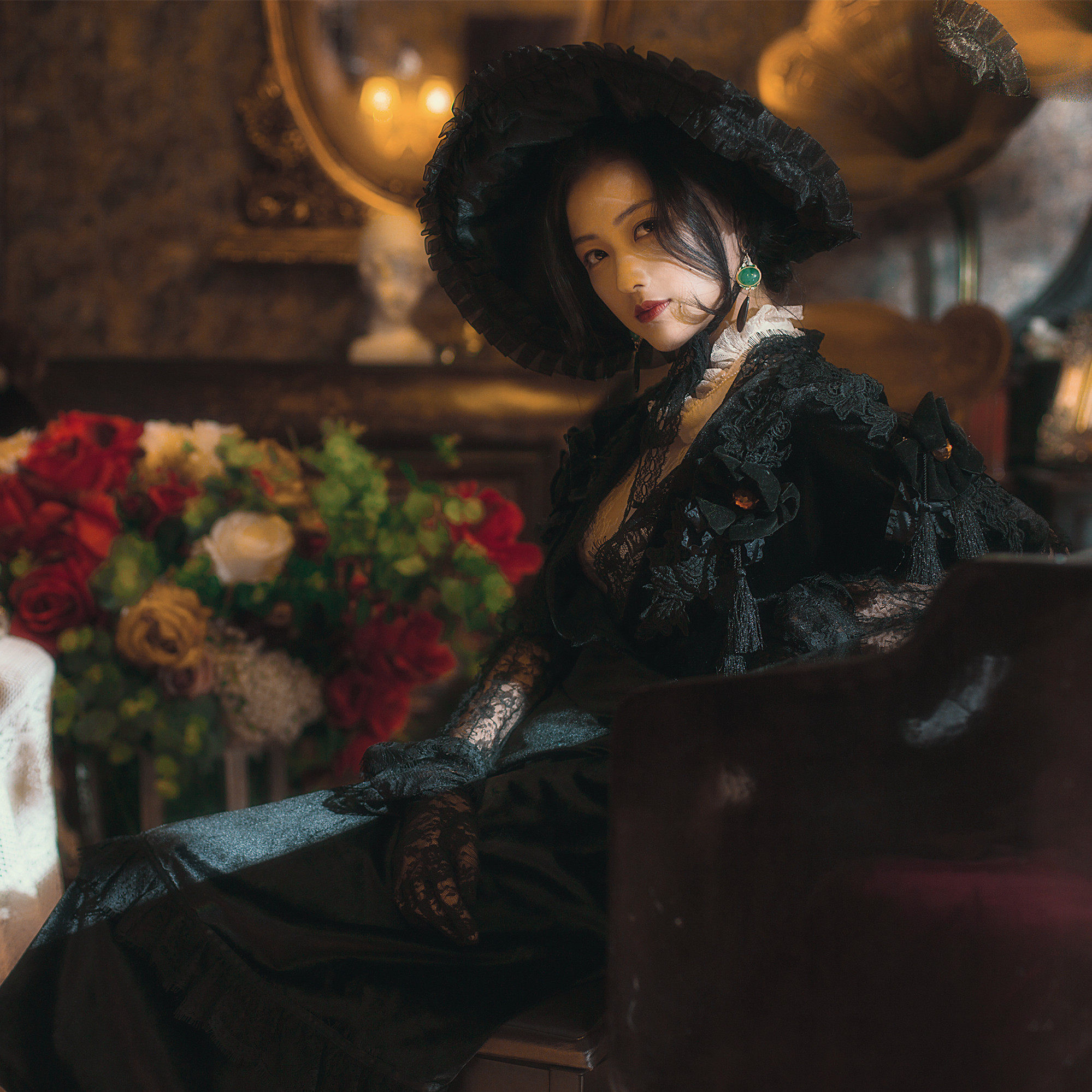 暮桥古着原创vintage定制维多利亚宫廷重工绣花哥特连衣裙