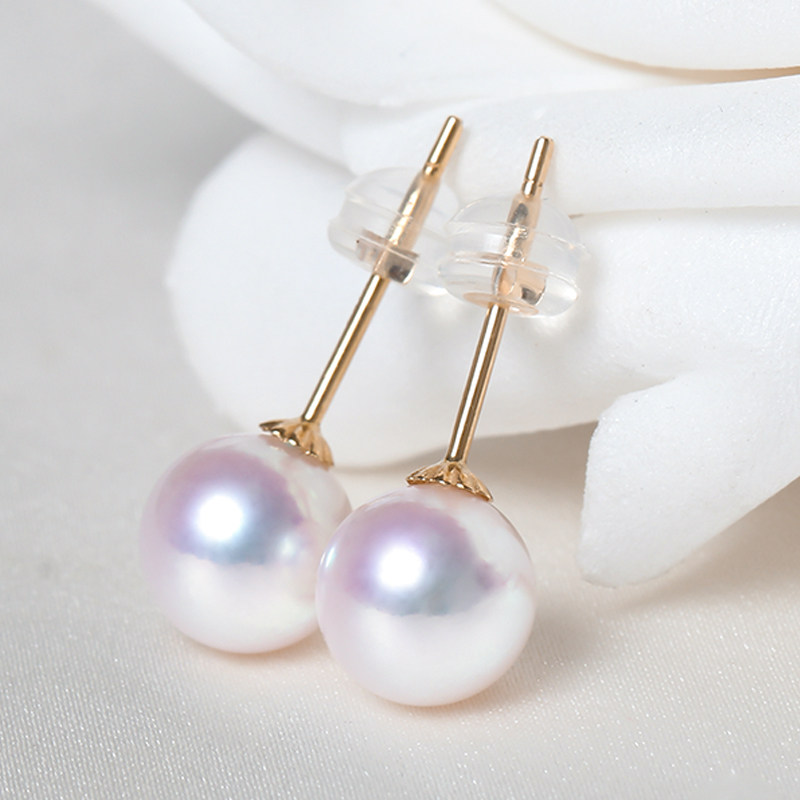 鑫润小灯泡经典18k金樱花粉日本akoya海水珍珠耳饰