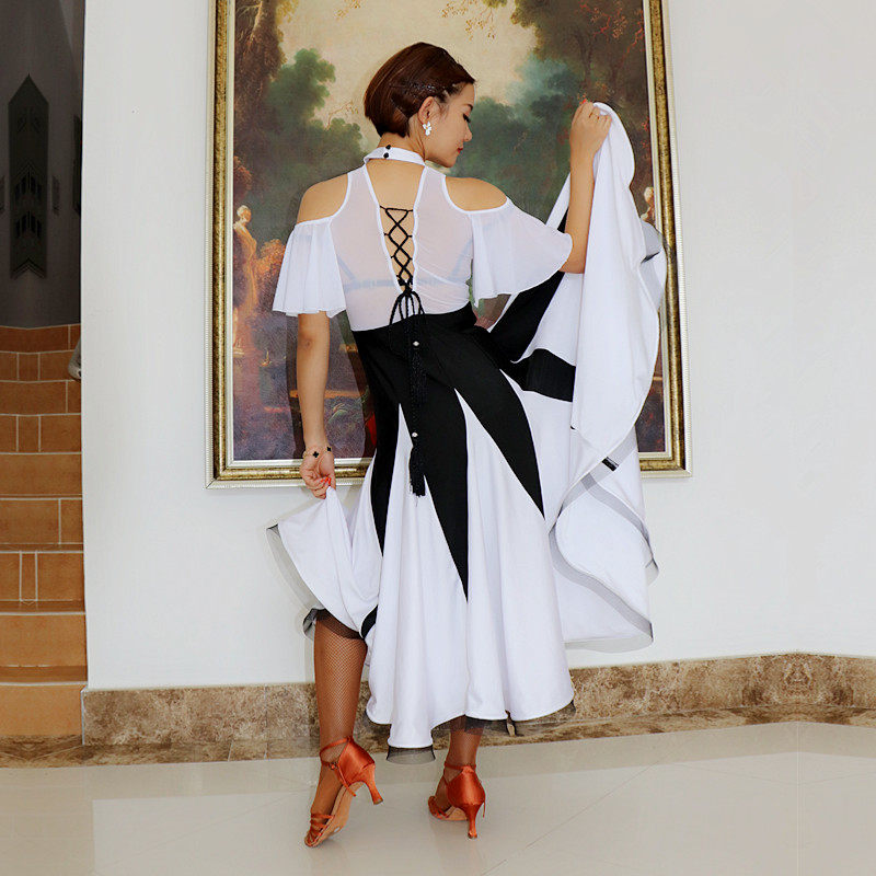 yjfy新款摩登服成人女国标舞大摆裙交谊舞鱼骨连衣裙黑白撞色露背