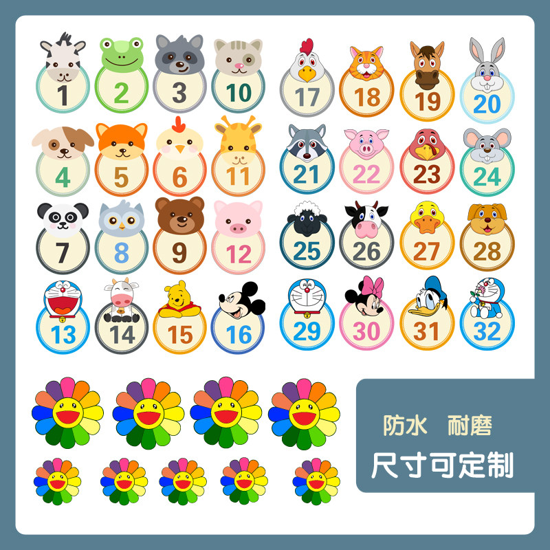 幼儿园卡通pvc防水数字贴纸座位编号桌子号码墙贴