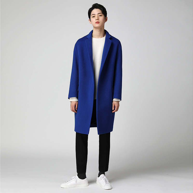 大衣秋冬韩版毛呢中长落肩双面羊绒男青年蓝色毛呢大衣