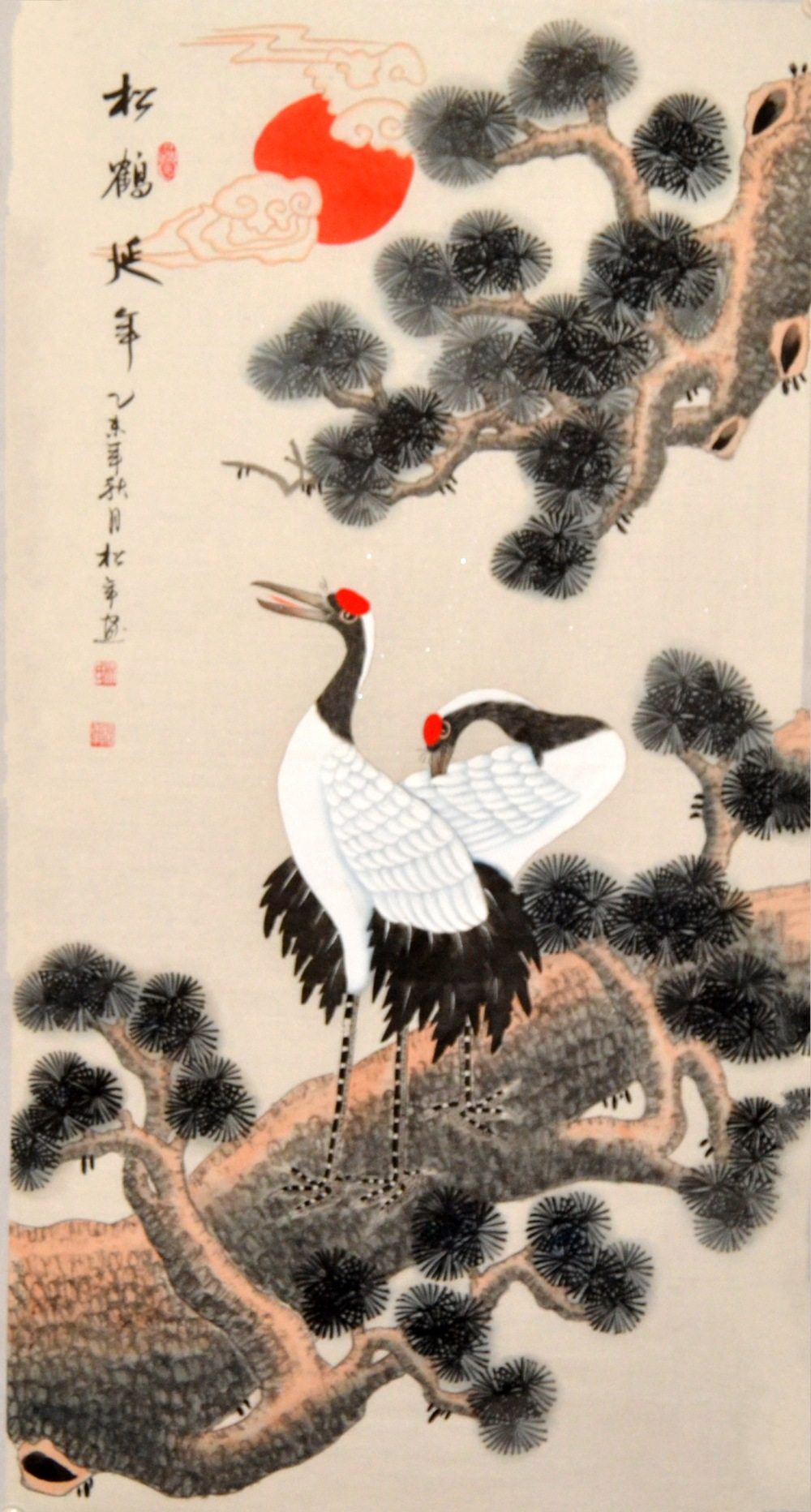 送礼松鹤山水老人手绘贺寿松年字画国画延年国画