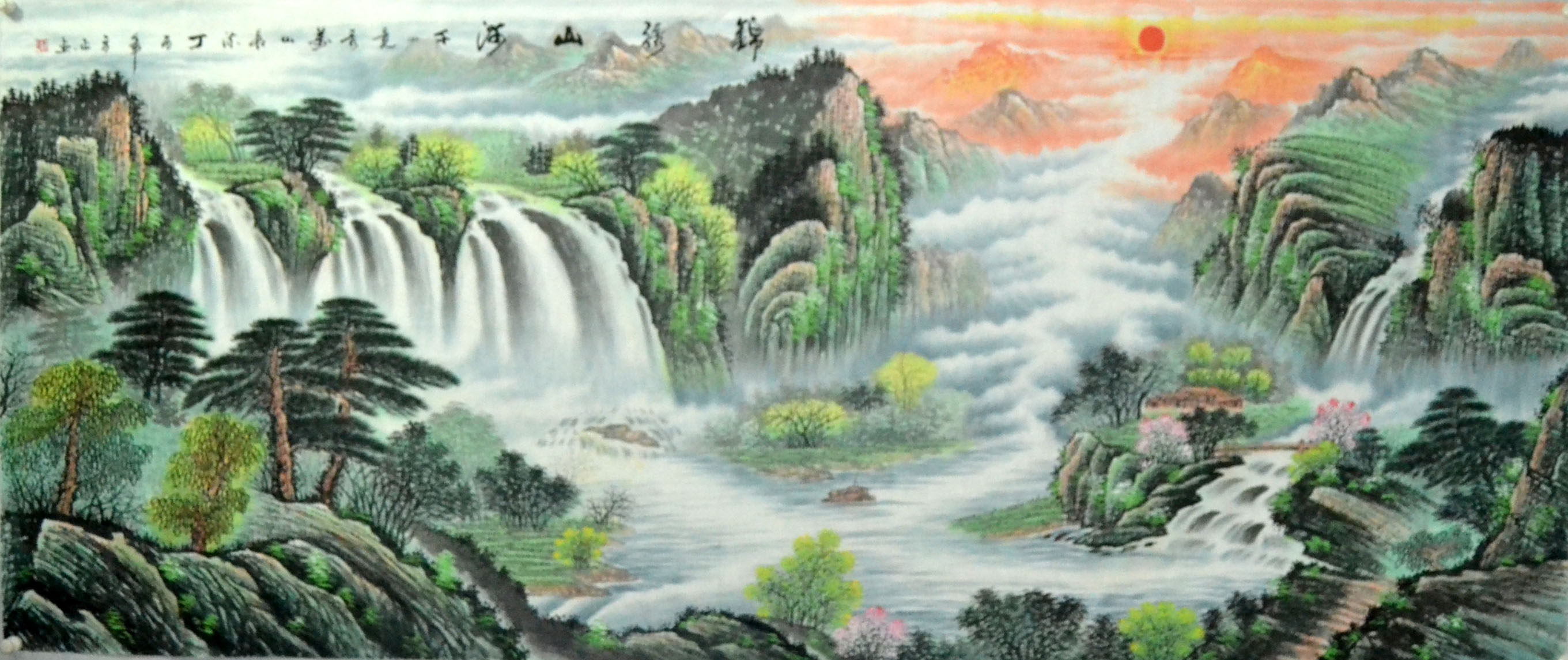 青绿装饰客厅横幅画心墙画手绘聚宝盆字画山水画国画