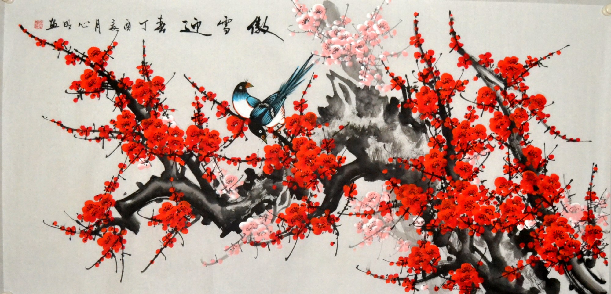 喜上眉梢四尺金心明横幅梅花国画花鸟字画纯手绘原稿装饰未裱送礼