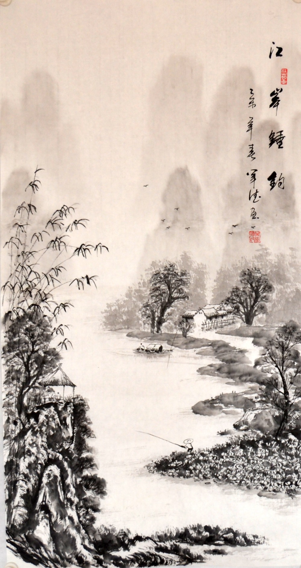 国画水墨山水画三尺竖幅桂林画心心纯手绘原稿国画