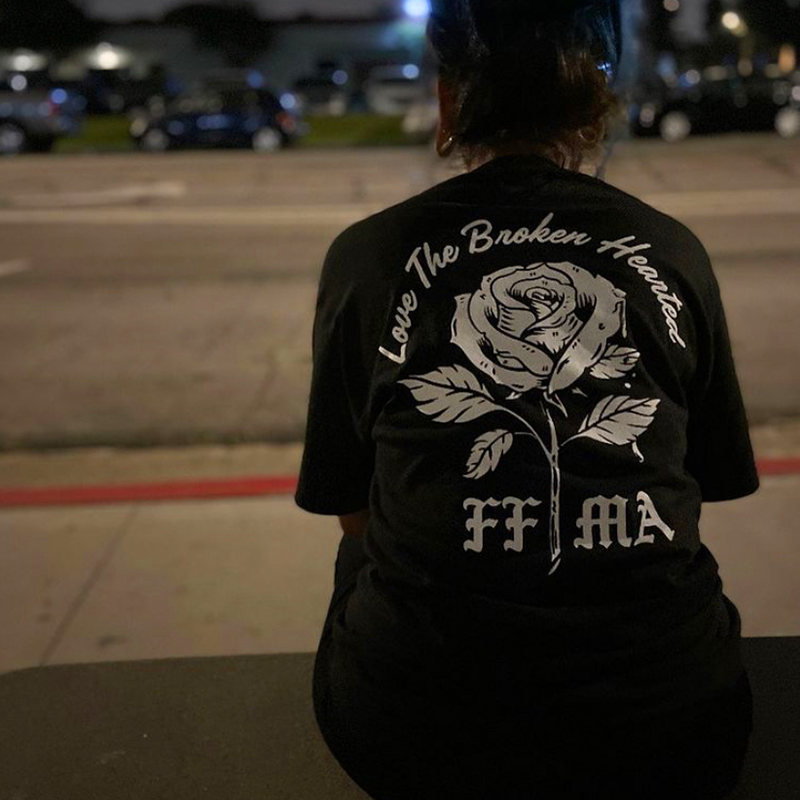 阿美咔叽西海岸花体字玫瑰印花纯棉宽松T恤上衣男女同款大码短袖