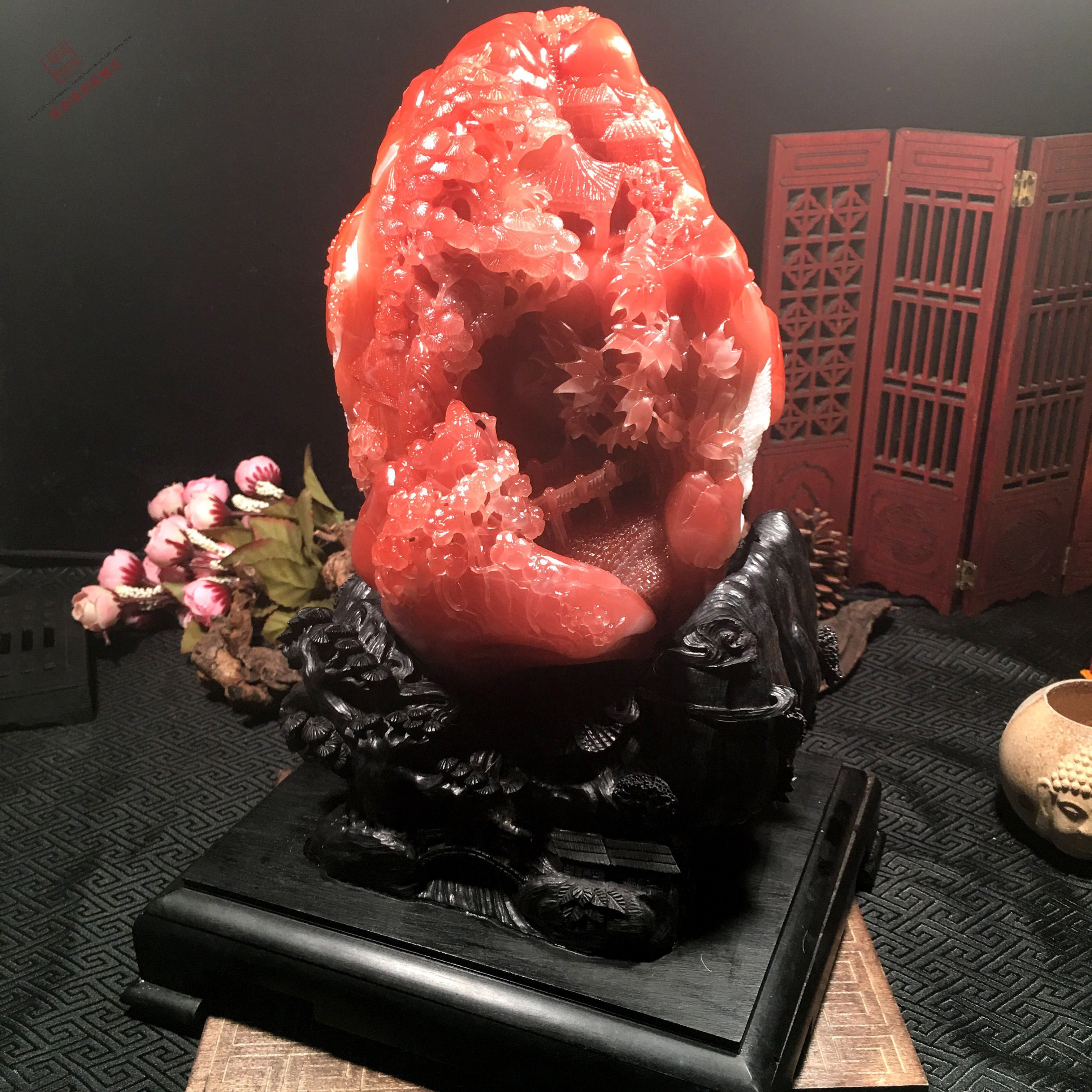 滇西瑞祥天然原矿保山南红玛瑙巧雕山水人物大摆摆件