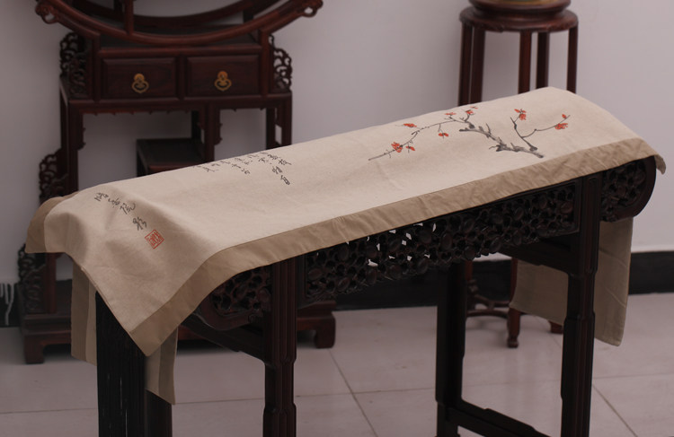 古琴中式全棉亚麻布桌旗盖布暗香疏影水墨桌布民族风古琴