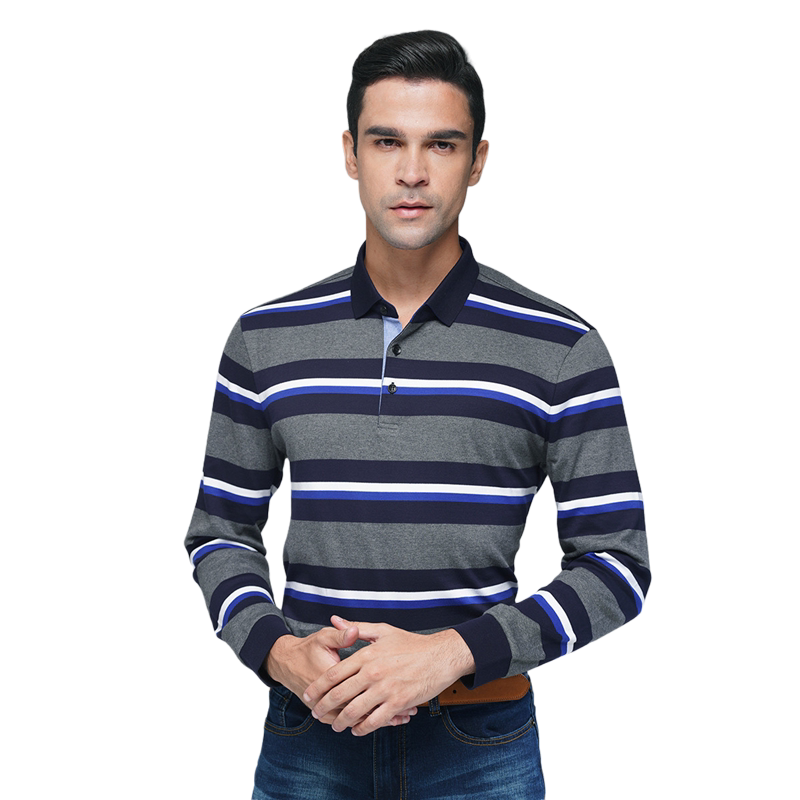 松鹰柏尼英格男式经典条纹翻领商务休闲长袖t恤