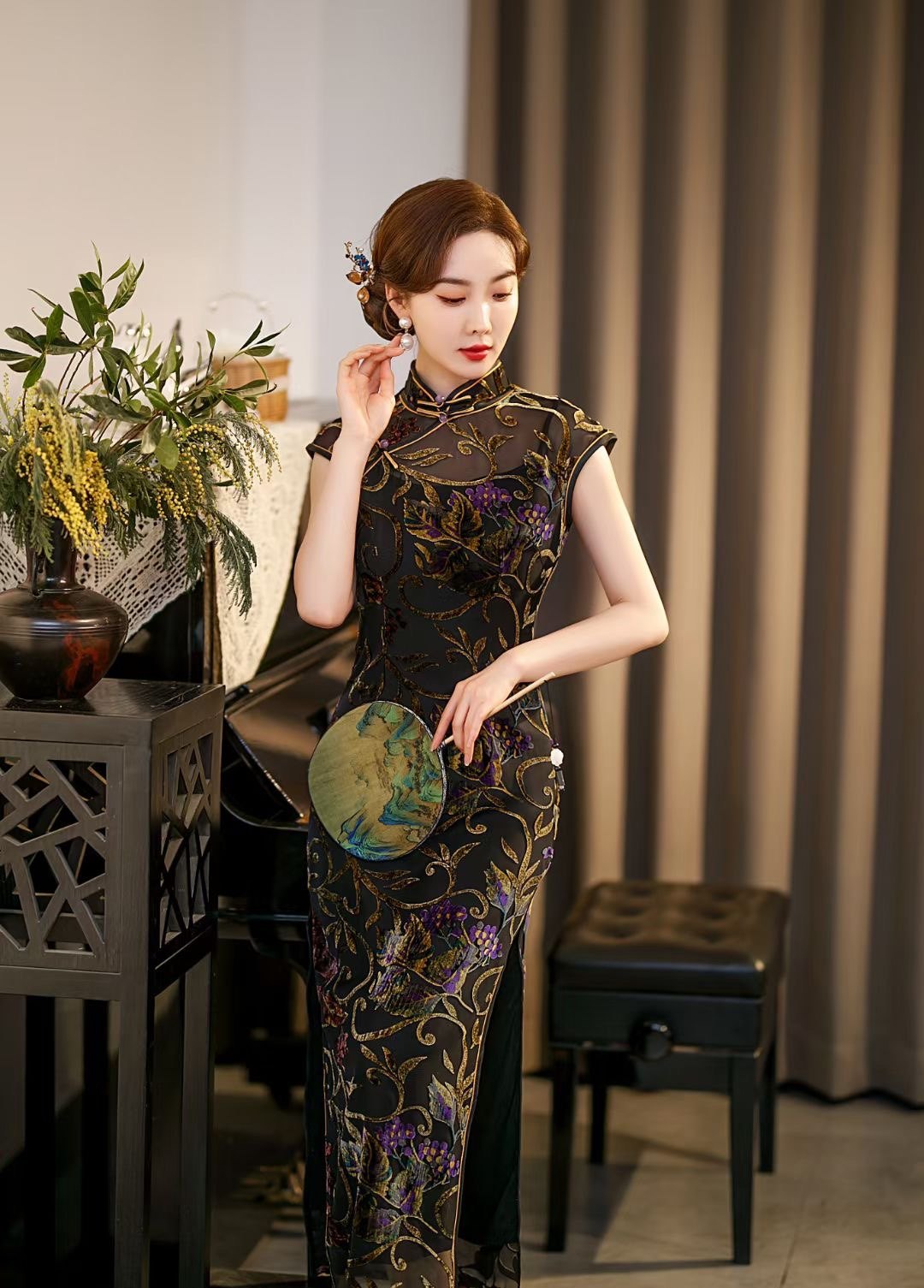 壹念定制流光紫金真丝丝绒高级旗袍旗袍