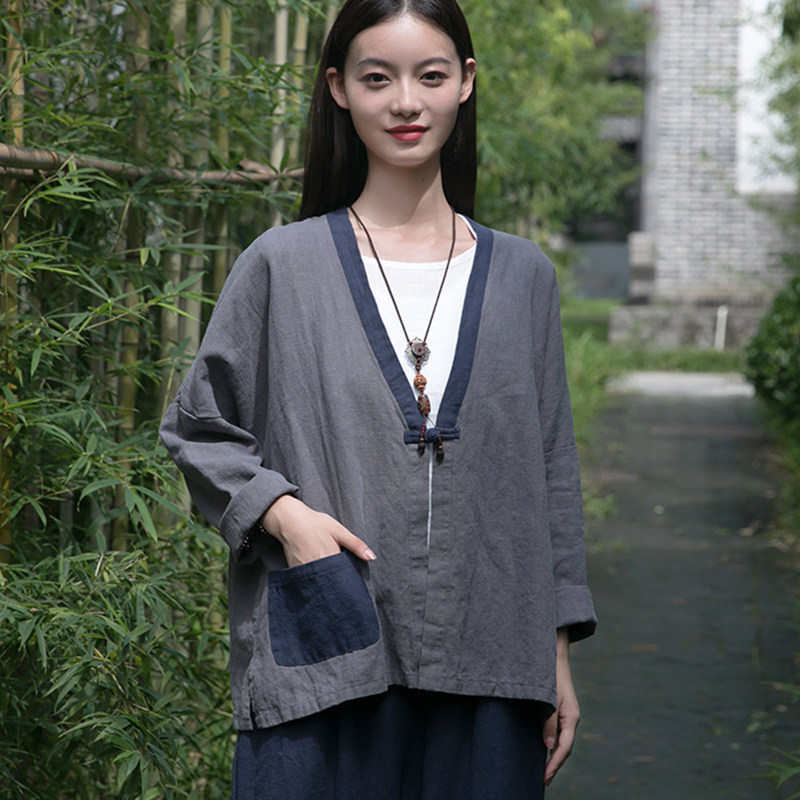 盘扣棉麻上衣民族风开衫撞色对襟布衣中国国风短外套