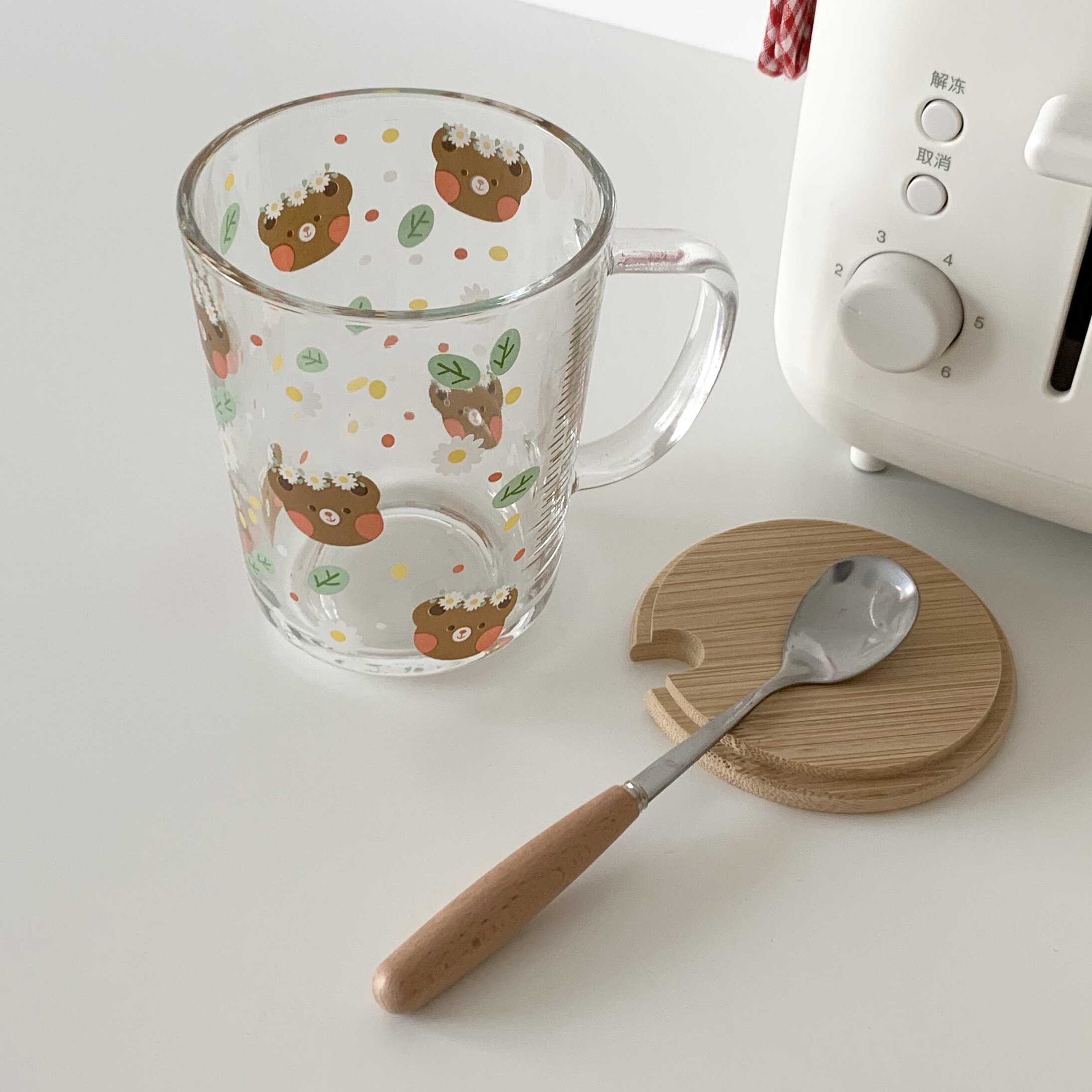 丝丝小物小熊卡通图案学生玻璃水杯家用带勺子玻璃杯