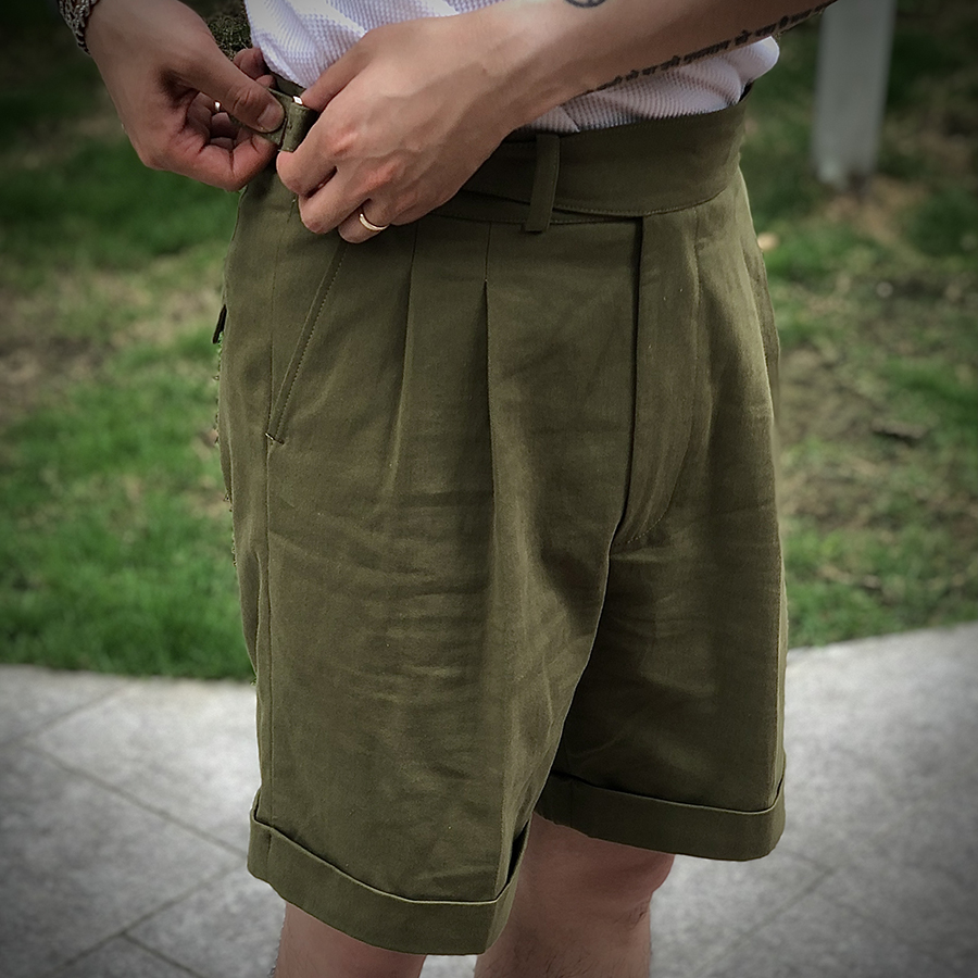 TheKiller夏经典工装裤宽松复古廓尔格纯棉中高腰双褶军绿色短裤