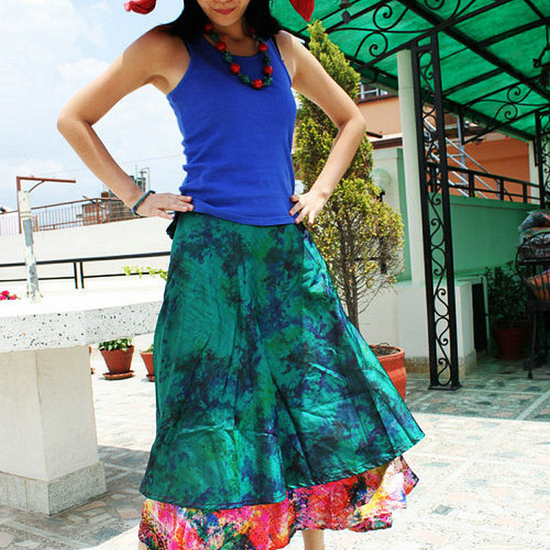 丝裹裙夏印度渐变扎染双面裹裙包裙度假中长裙半身裙