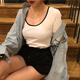 Retro hit color wild female short-sleeved T-shirt 2020 summer new tight shirt collar low neckline on a large clothes Retro hit color wild female short-sleeved T-shirt 2020 summer new tight shirt collar low neckline on a large clothes