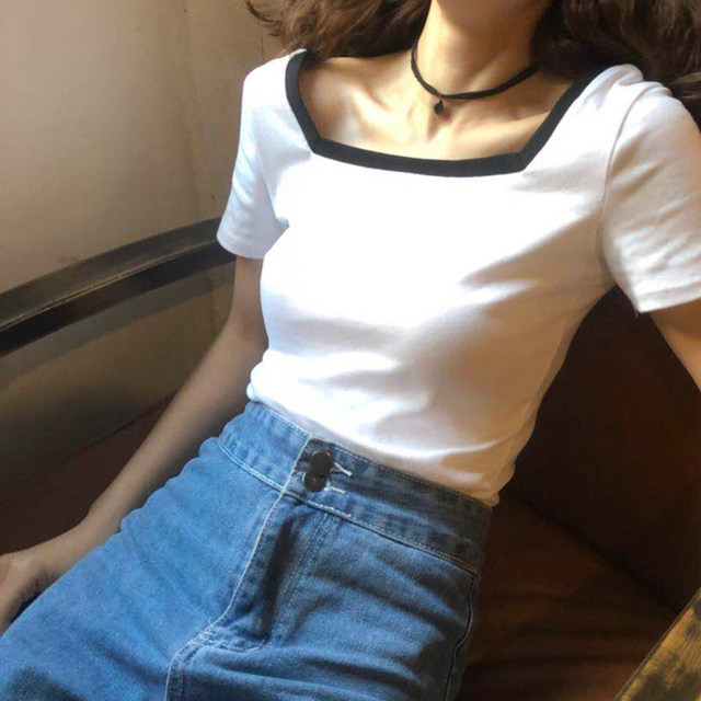 Summer Korean version of the new women's dress with generous collar Slim slimming contrast color simple and versatile short-sleeved t-shirt top bottoming shirt Summer Korean version of the new women's dress with generous collar Slim slimming contrast color simple and versatile short-sleeved t-shirt top bottoming shirt
