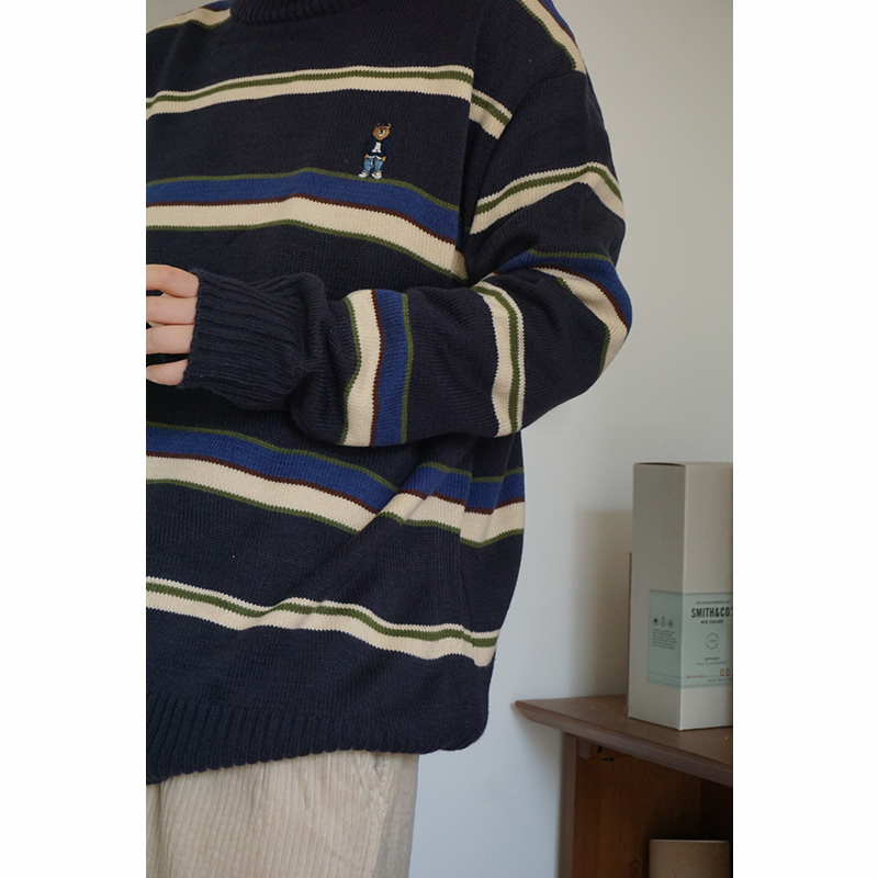 南方公园／日系复古小熊刺绣 男女宽松休闲圆领套头条纹针织毛衣