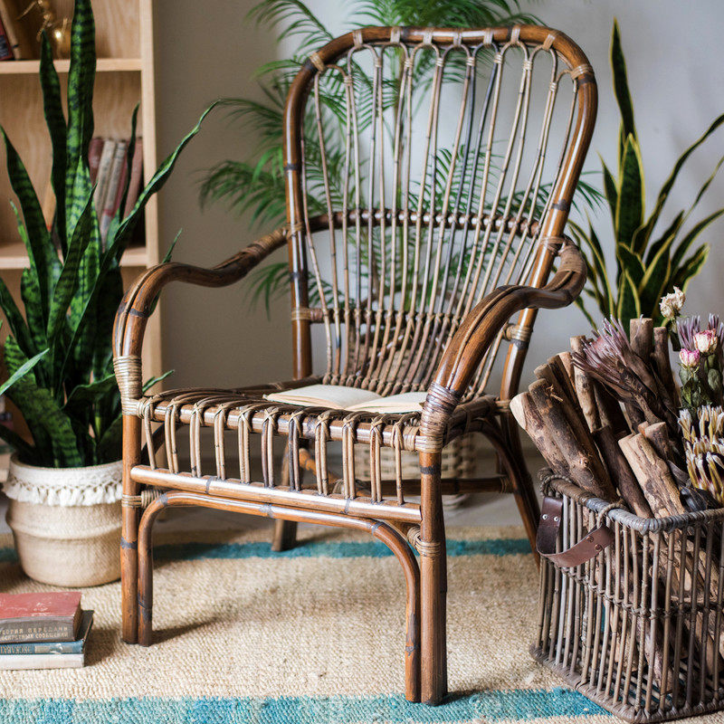 掬涵古法手编藤椅休闲扶手座椅天然玛瑙复古其它椅子