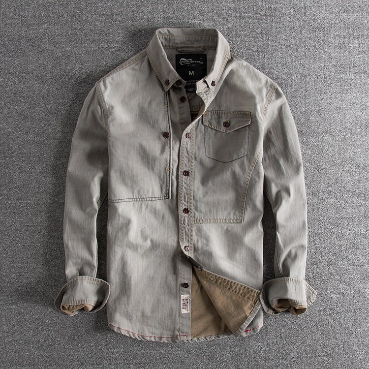 香港IT潮牌复古水洗做旧秋冬修身百搭男士牛仔长袖衬衫翻领衬衣